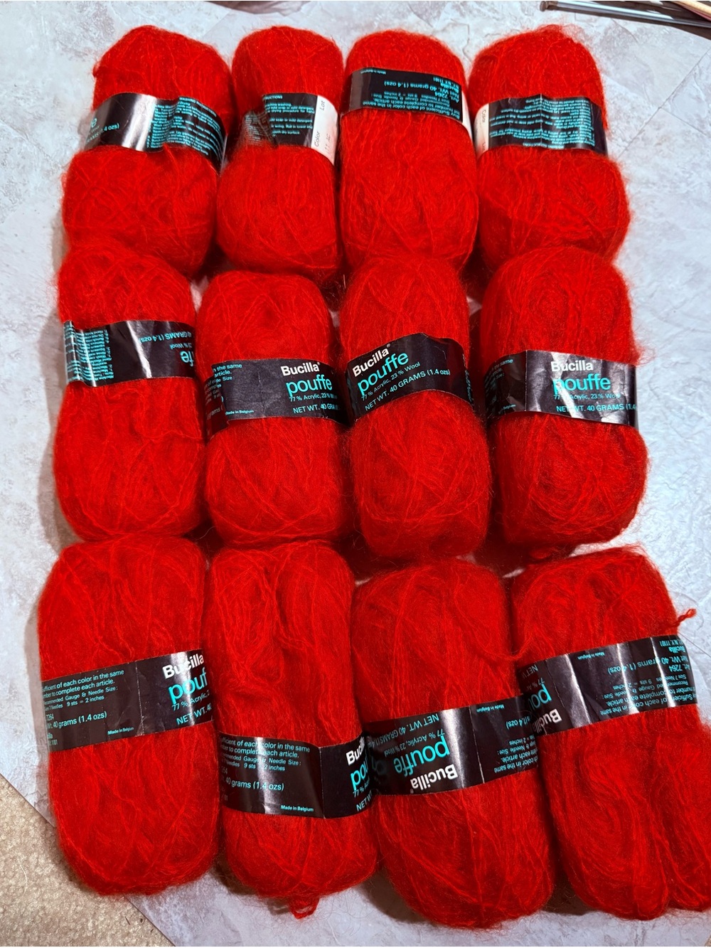 Vintage Bucilla Pouffe Yarn Lot – Wool/ Acrylic Blend, Bright Red (12 Skeins)